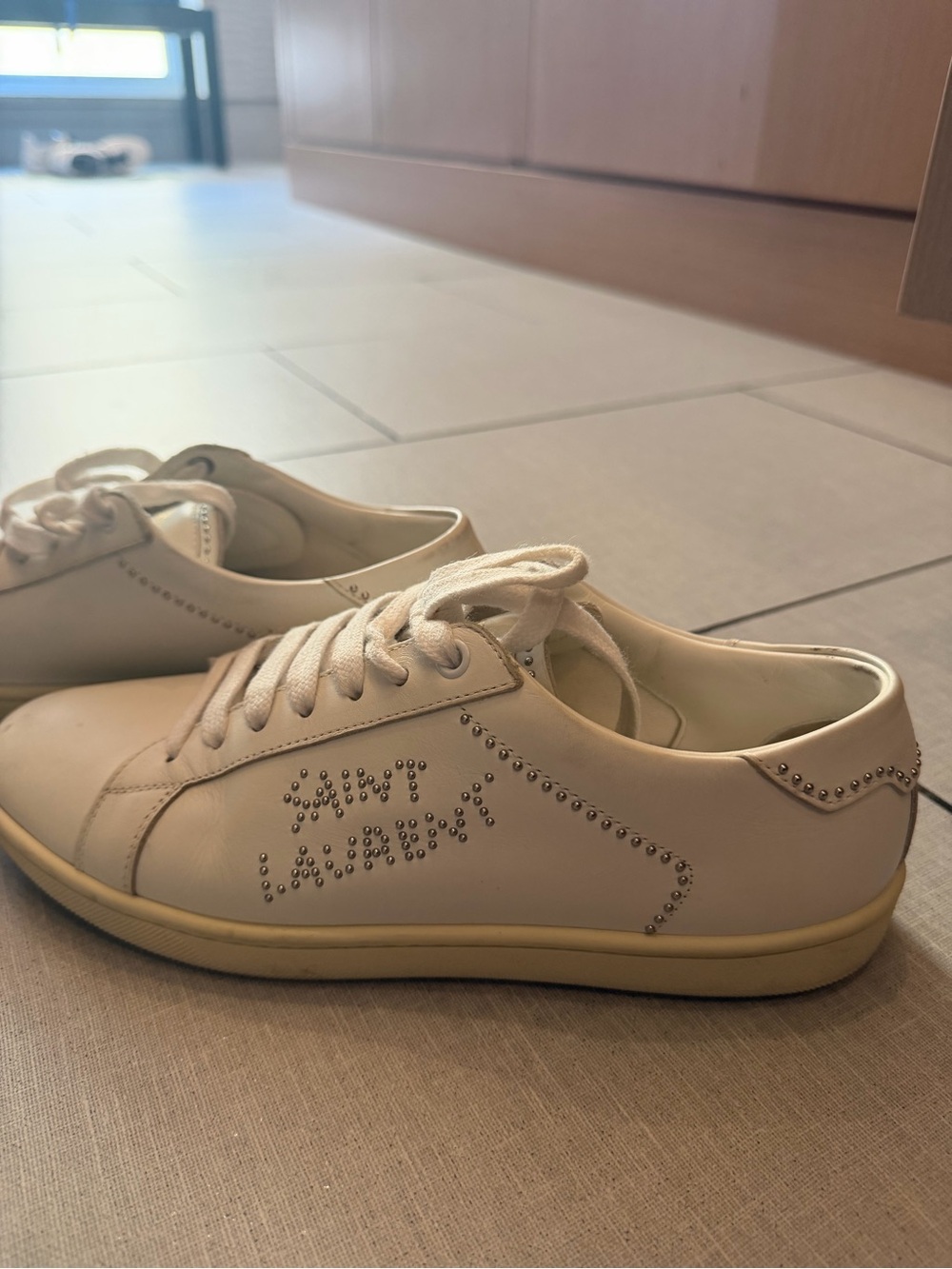 SAINT LAURENT Studded Leather Sneakers - Cream